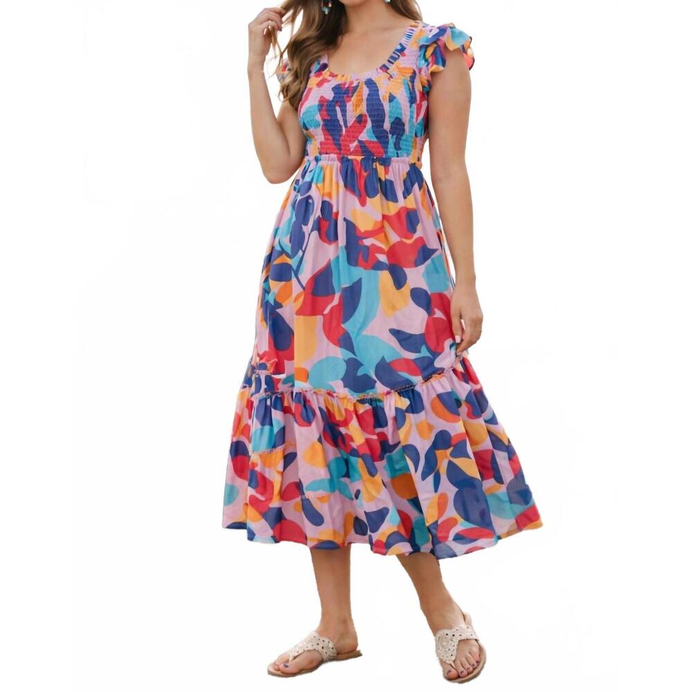 NEW LIME N CHILI sunset garden smocked midi dress in multi